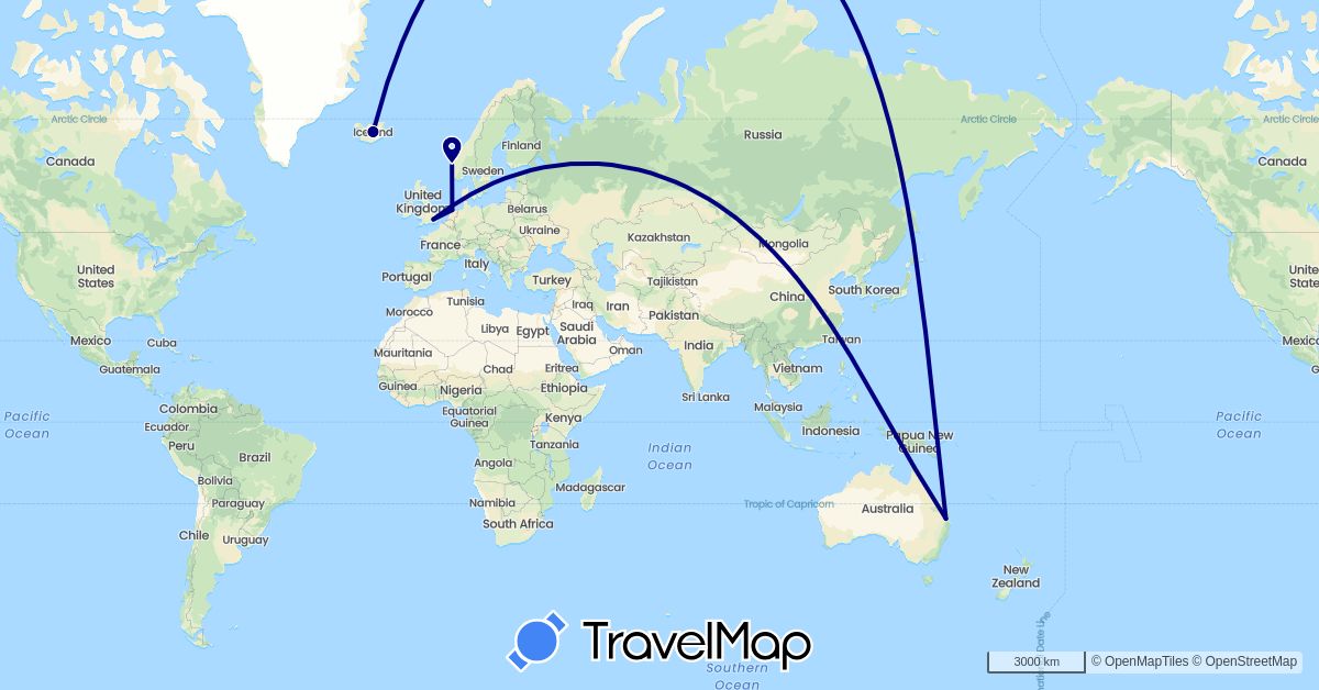 TravelMap itinerary: driving in Australia, United Kingdom, Iceland, Netherlands, Norway (Europe, Oceania)